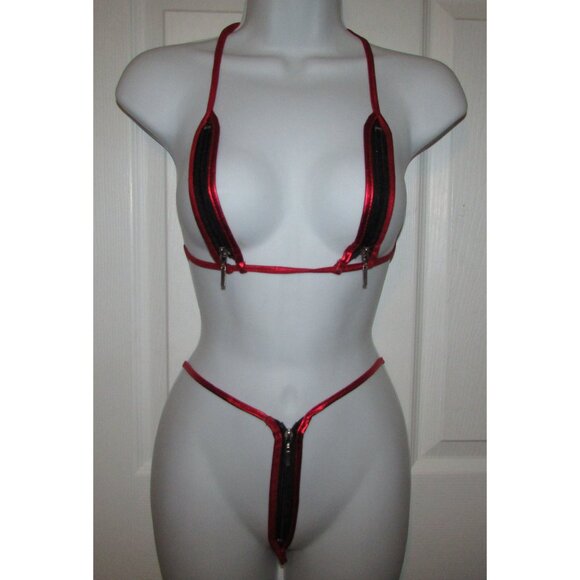 Red Metallic Micro Zippered Top Skimpy String Thong Bikini - NEW - Picture 1 of 8